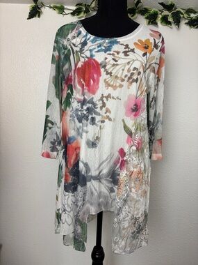 1234 Fleur De Lis Floral Print 3/4 Sleeve Women's Top - White Multi. SzL